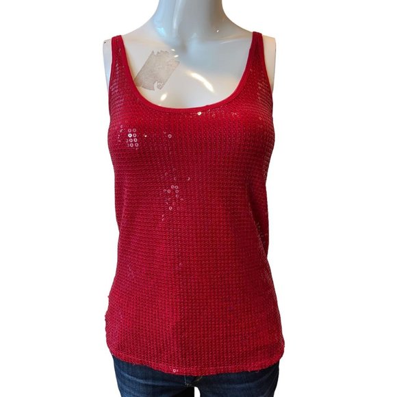 New York & Company Womens Sequined Tank Top Scoop Neck Wide Strap Red SZ Small - Picture 1 of 6